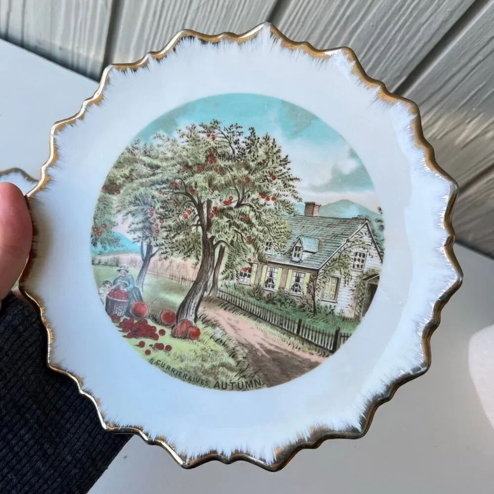 VTG Currier & Ives Autumn & Winter Plates 7.25” Gold Trim Wall Decor Set of 2